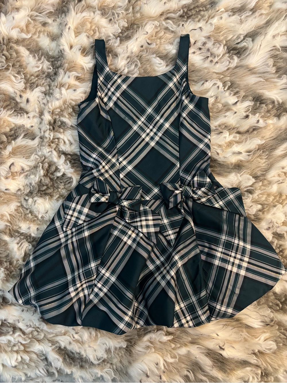 Girls Green Plaid Bow-Accent Party Holiday Dress